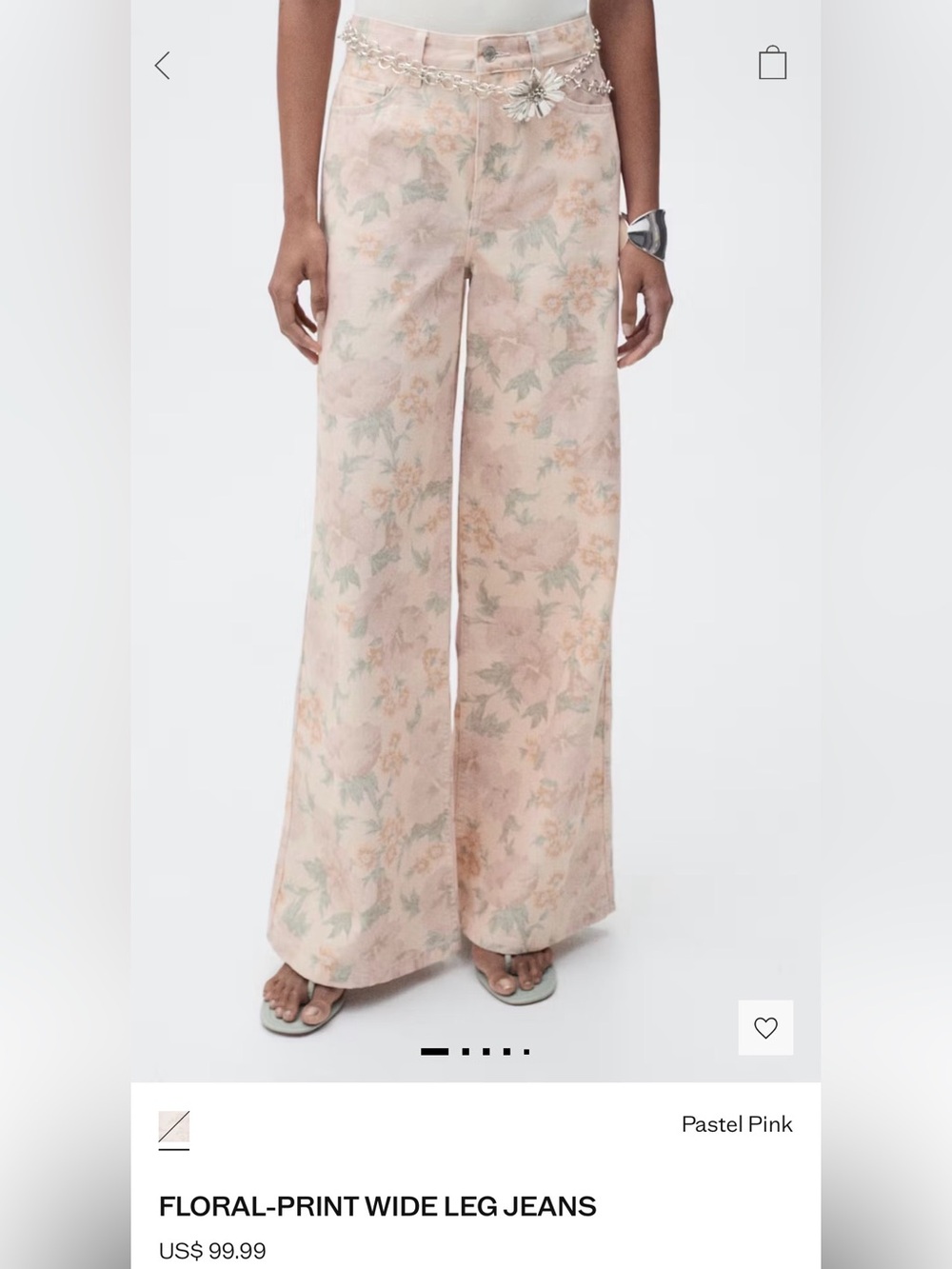 Mango Pale Pink Floral-Print Wide Leg Jeans